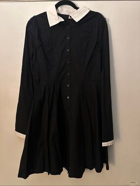 Black Midi Button-Front Dress with Contrasting White Collar and Cuffs